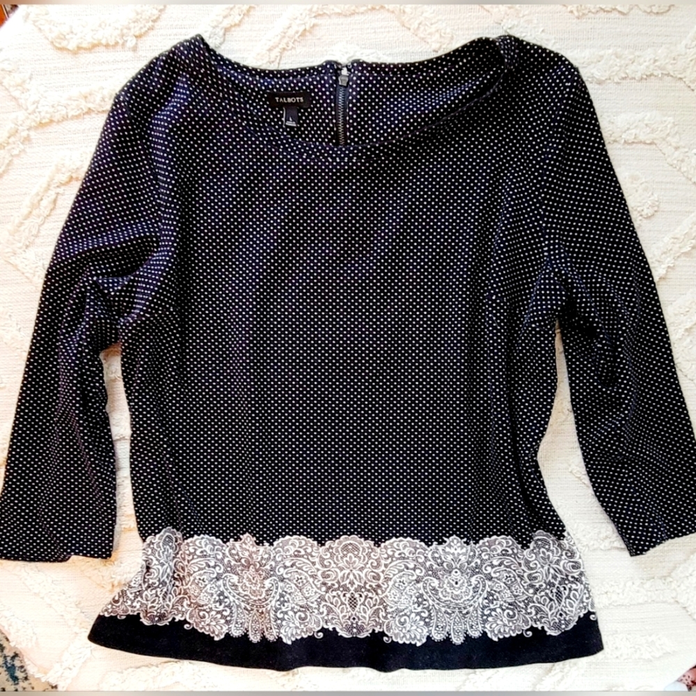 Talbots Womans Black White Dot Lace Shirt Large